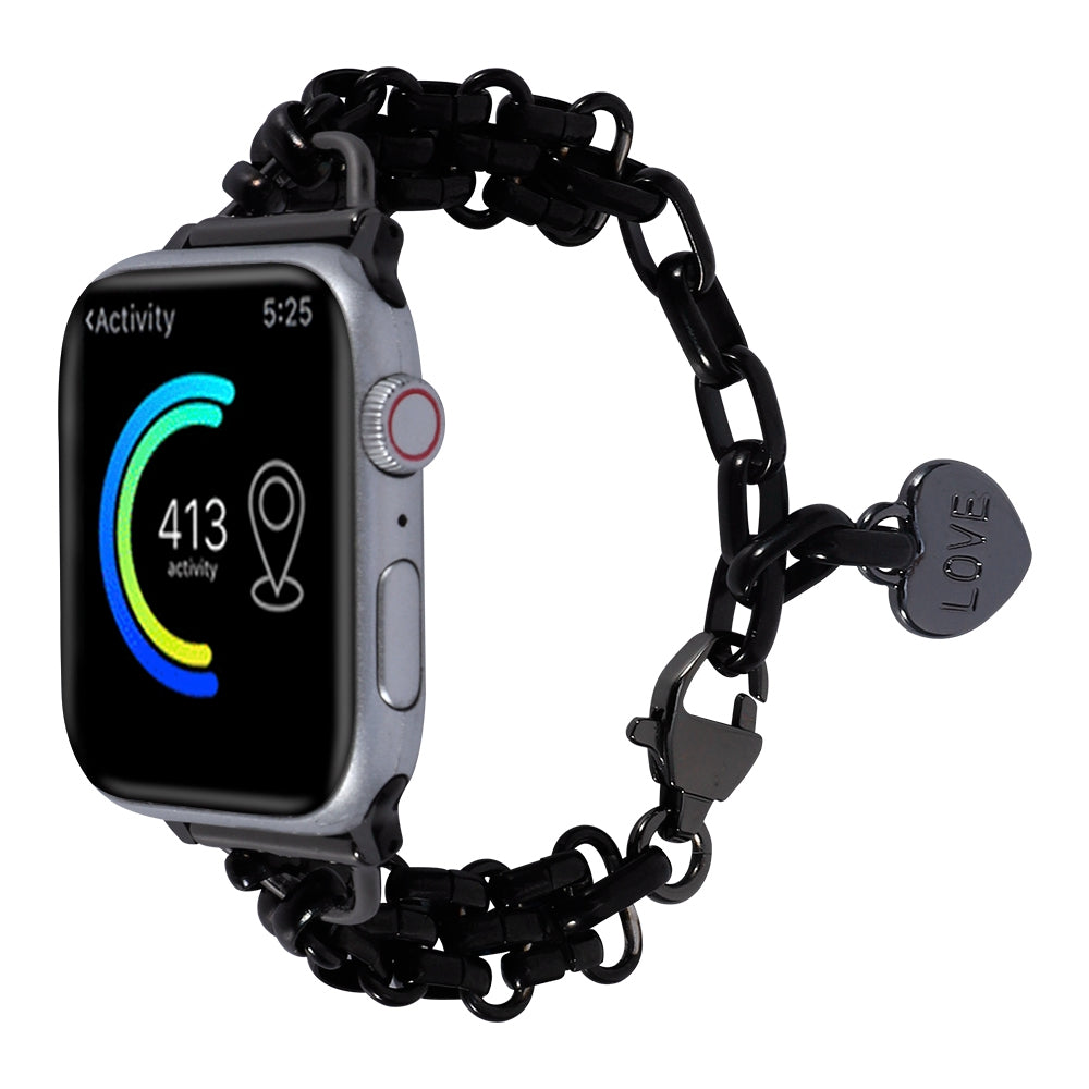 for Apple Watch Ultra 49mm / Series 8 45mm / 7 45mm / 6 / 5 / 4 / SE 44mm / SE (2022) 44mm / 3 / 2 / 1 42mm Three Row Watch Strap Stainless Steel Wrist Band Bracelet with Heart Shape Pendant - Black