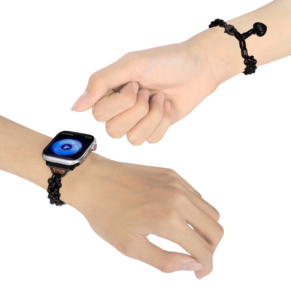 for Apple Watch Ultra 49mm / Series 8 45mm / 7 45mm / 6 / 5 / 4 / SE 44mm / SE (2022) 44mm / 3 / 2 / 1 42mm Three Row Watch Strap Stainless Steel Wrist Band Bracelet with Heart Shape Pendant - Black