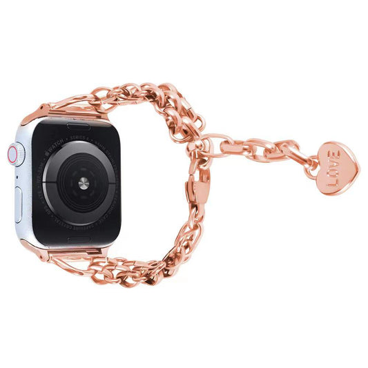 for Apple Watch Ultra 49mm / Series 8 45mm / 7 45mm / 6 / 5 / 4 / SE 44mm / SE (2022) 44mm / 3 / 2 / 1 42mm Three Row Watch Strap Stainless Steel Wrist Band Bracelet with Heart Shape Pendant - Rose Gold