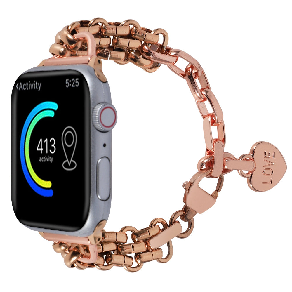 for Apple Watch Ultra 49mm / Series 8 45mm / 7 45mm / 6 / 5 / 4 / SE 44mm / SE (2022) 44mm / 3 / 2 / 1 42mm Three Row Watch Strap Stainless Steel Wrist Band Bracelet with Heart Shape Pendant - Rose Gold