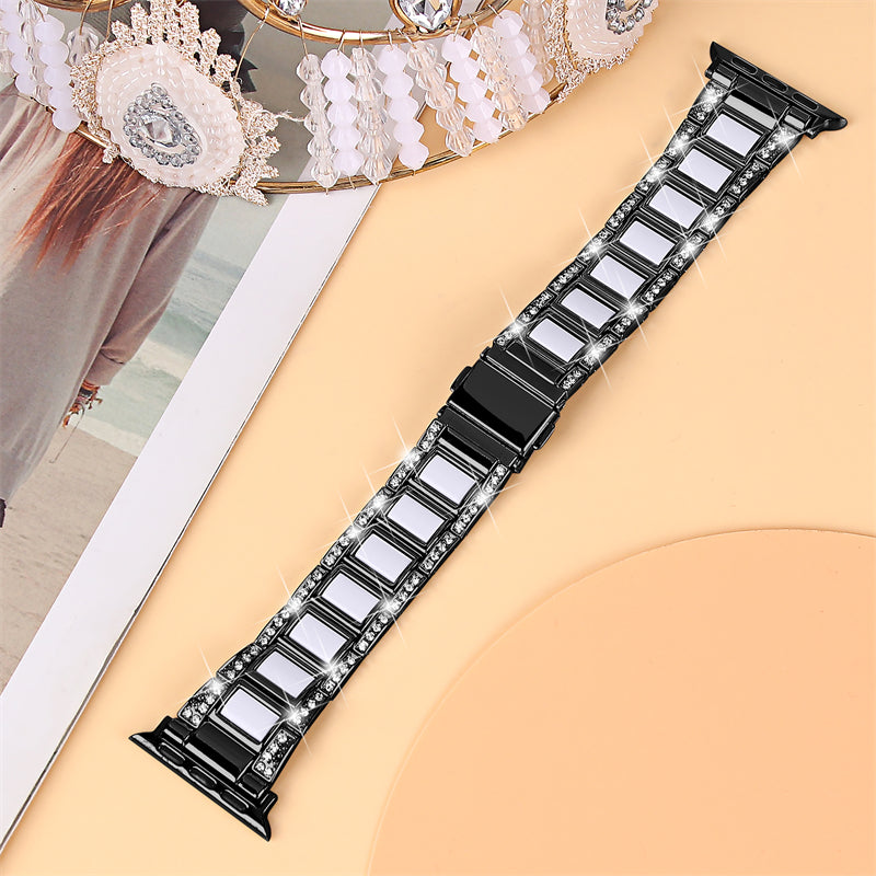 for Apple Watch Series 8 41mm / Series 7 41mm / SE / SE(2022) / Series 6 / 5 / 4 40mm / Series 3 / 2 / 1 38mm Fashionable Stainless Steel Resin Watch Band Rhinestone Decor Wrist Strap with Folding Buckle - Black / White