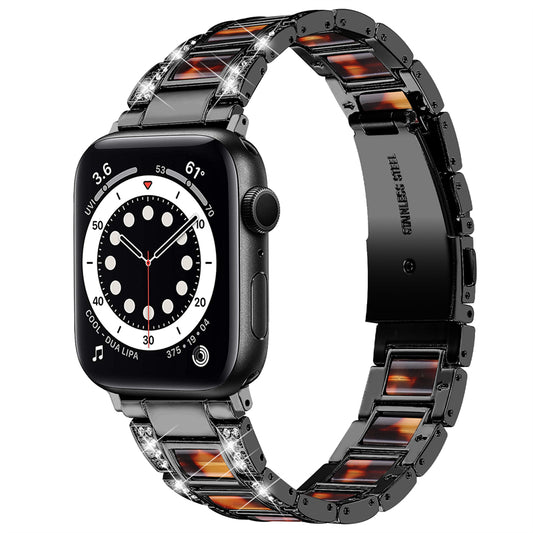 for Apple Watch Series 8 41mm / Series 7 41mm / SE / SE(2022) / Series 6 / 5 / 4 40mm / Series 3 / 2 / 1 38mm Fashionable Stainless Steel Resin Watch Band Rhinestone Decor Wrist Strap with Folding Buckle - Black / Tortoiseshell Color