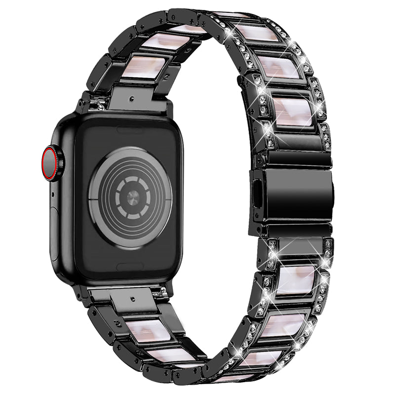 for Apple Watch Series 8 41mm / Series 7 41mm / SE / SE(2022) / Series 6 / 5 / 4 40mm / Series 3 / 2 / 1 38mm Fashionable Stainless Steel Resin Watch Band Rhinestone Decor Wrist Strap with Folding Buckle - Black / Pink Mix