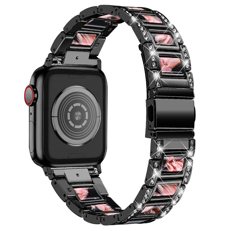 for Apple Watch Series 8 41mm / Series 7 41mm / SE / SE(2022) / Series 6 / 5 / 4 40mm / Series 3 / 2 / 1 38mm Fashionable Stainless Steel Resin Watch Band Rhinestone Decor Wrist Strap with Folding Buckle - Black / Black Pink Mix