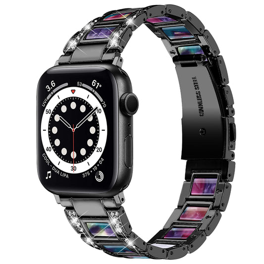 for Apple Watch Series 8 41mm / Series 7 41mm / SE / SE(2022) / Series 6 / 5 / 4 40mm / Series 3 / 2 / 1 38mm Fashionable Stainless Steel Resin Watch Band Rhinestone Decor Wrist Strap with Folding Buckle - Black / Purple Green Mix