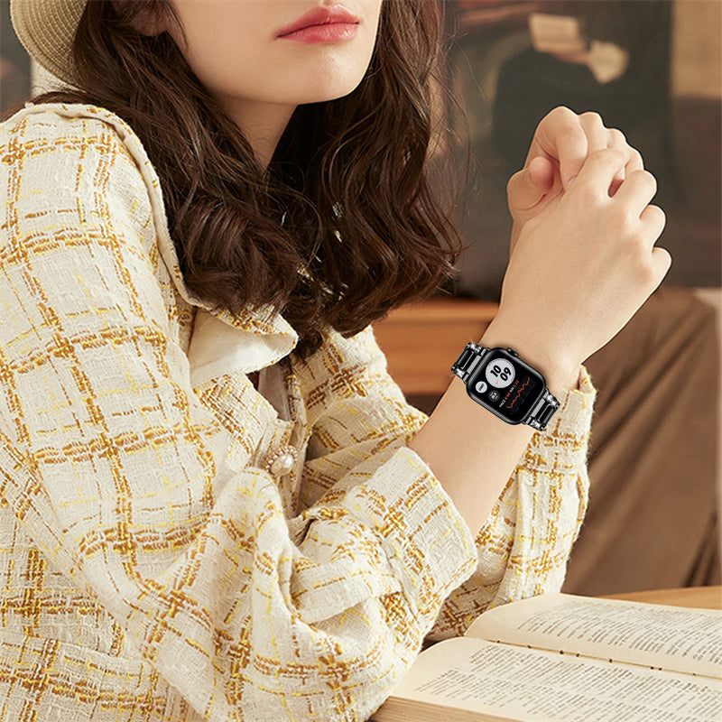 for Apple Watch Series 8 41mm / Series 7 41mm / SE / SE(2022) / Series 6 / 5 / 4 40mm / Series 3 / 2 / 1 38mm Fashionable Stainless Steel Resin Watch Band Rhinestone Decor Wrist Strap with Folding Buckle - Black
