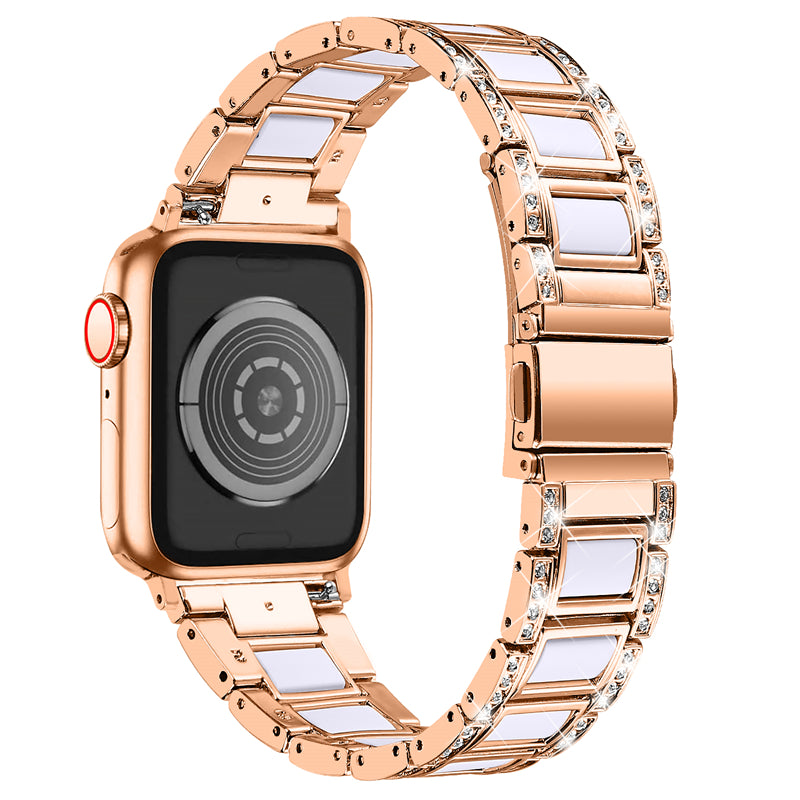 for Apple Watch Series 8 41mm / Series 7 41mm / SE / SE(2022) / Series 6 / 5 / 4 40mm / Series 3 / 2 / 1 38mm Fashionable Stainless Steel Resin Watch Band Rhinestone Decor Wrist Strap with Folding Buckle - Rose Gold / White
