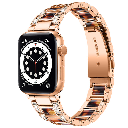 for Apple Watch Series 8 41mm / Series 7 41mm / SE / SE(2022) / Series 6 / 5 / 4 40mm / Series 3 / 2 / 1 38mm Fashionable Stainless Steel Resin Watch Band Rhinestone Decor Wrist Strap with Folding Buckle - Rose Gold / Tortoiseshell Color