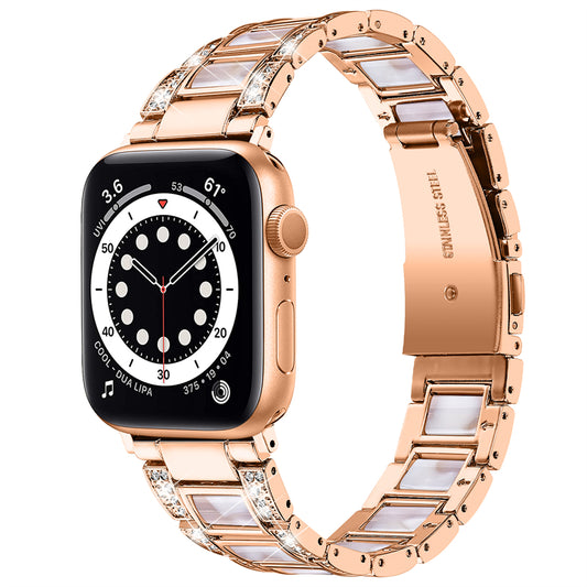 for Apple Watch Series 8 41mm / Series 7 41mm / SE / SE(2022) / Series 6 / 5 / 4 40mm / Series 3 / 2 / 1 38mm Fashionable Stainless Steel Resin Watch Band Rhinestone Decor Wrist Strap with Folding Buckle - Rose Gold / Pink Mix