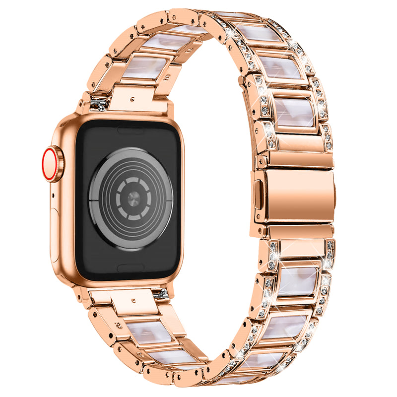 for Apple Watch Series 8 41mm / Series 7 41mm / SE / SE(2022) / Series 6 / 5 / 4 40mm / Series 3 / 2 / 1 38mm Fashionable Stainless Steel Resin Watch Band Rhinestone Decor Wrist Strap with Folding Buckle - Rose Gold / Pink Mix