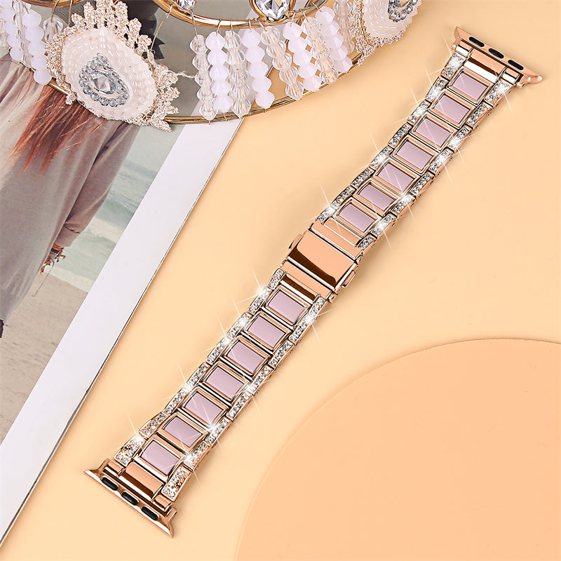 for Apple Watch Series 8 41mm / Series 7 41mm / SE / SE(2022) / Series 6 / 5 / 4 40mm / Series 3 / 2 / 1 38mm Fashionable Stainless Steel Resin Watch Band Rhinestone Decor Wrist Strap with Folding Buckle - Rose Gold / Pink