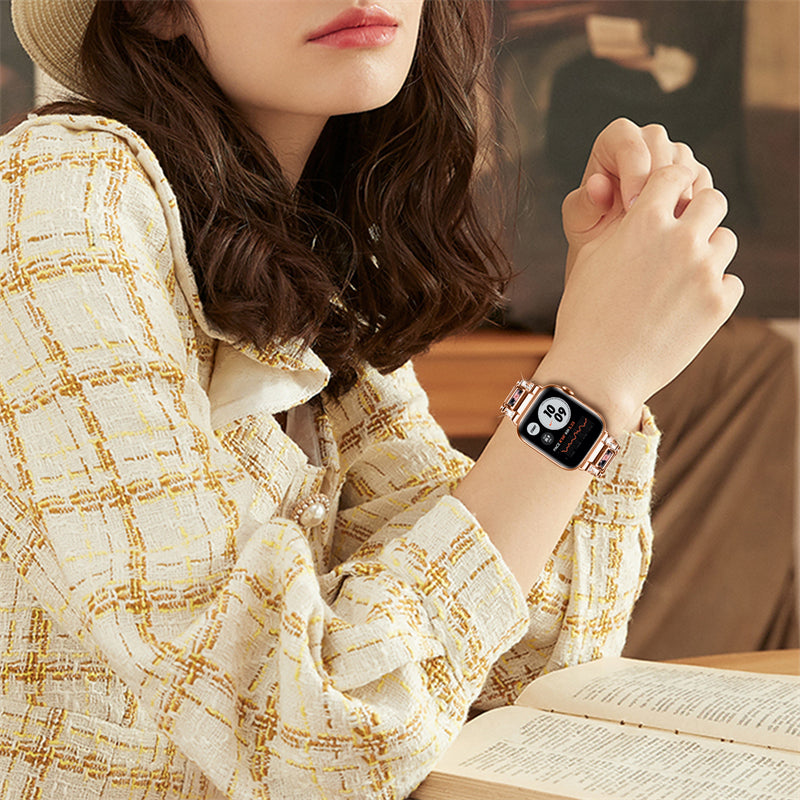for Apple Watch Series 8 41mm / Series 7 41mm / SE / SE(2022) / Series 6 / 5 / 4 40mm / Series 3 / 2 / 1 38mm Fashionable Stainless Steel Resin Watch Band Rhinestone Decor Wrist Strap with Folding Buckle - Rose Gold / Black Pink Mix