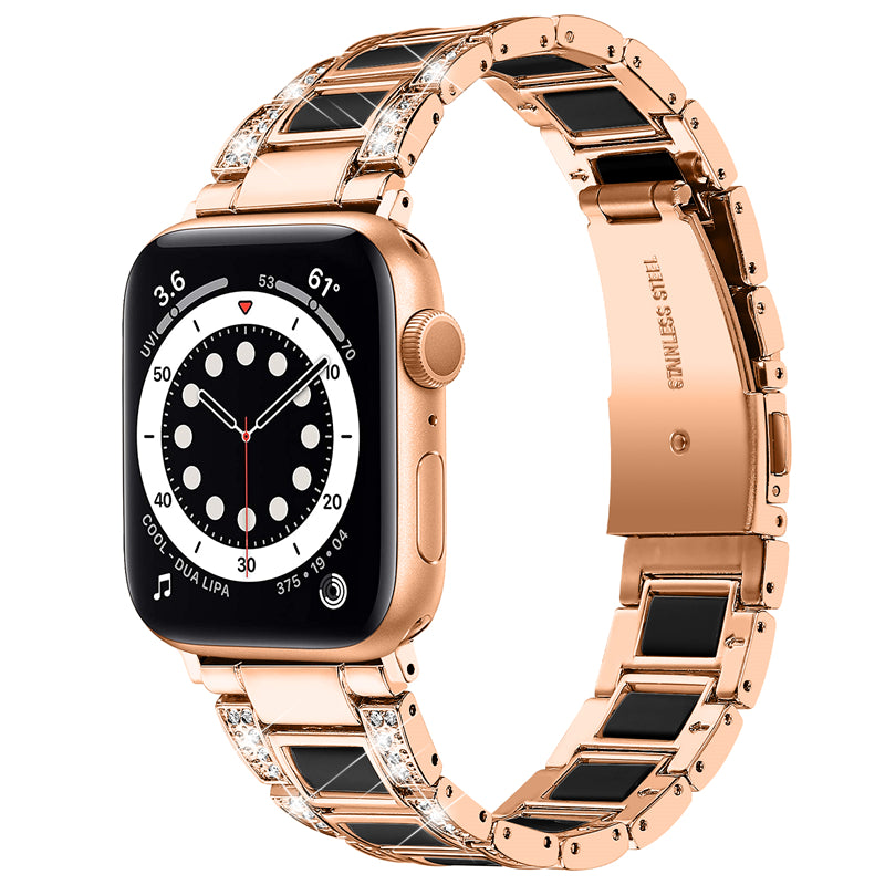 for Apple Watch Series 8 41mm / Series 7 41mm / SE / SE(2022) / Series 6 / 5 / 4 40mm / Series 3 / 2 / 1 38mm Fashionable Stainless Steel Resin Watch Band Rhinestone Decor Wrist Strap with Folding Buckle - Rose Gold / Black