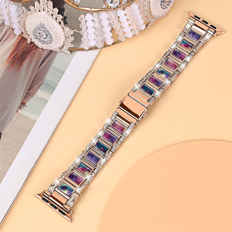 for Apple Watch Series 8 41mm / Series 7 41mm / SE / SE(2022) / Series 6 / 5 / 4 40mm / Series 3 / 2 / 1 38mm Fashionable Stainless Steel Resin Watch Band Rhinestone Decor Wrist Strap with Folding Buckle - Rose Gold / Purple Green Mix