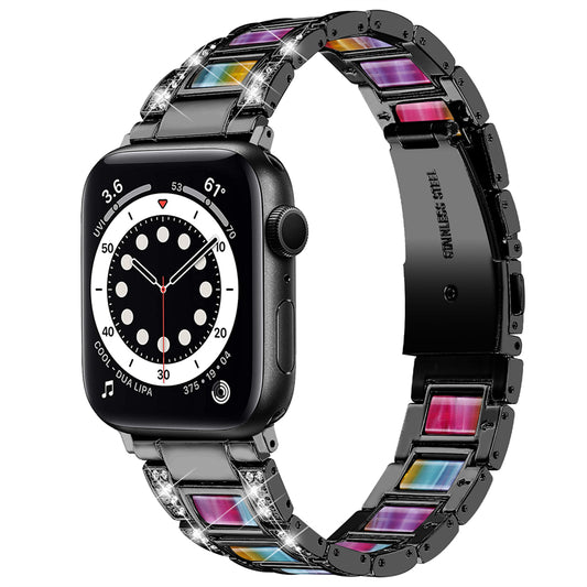 for Apple Watch Ultra 49mm / Series 8 45mm / Series 7 45mm / SE 44mm / SE (2022) 44mm / Series 6 / 5 / 4 44mm / Series 3 / 2 / 1 42mm Resin Stainless Steel Smart Watch Band Rhinestone Decor Wrist Strap - Black / Colorful