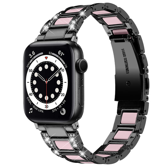 for Apple Watch Ultra 49mm / Series 8 45mm / Series 7 45mm / SE 44mm / SE (2022) 44mm / Series 6 / 5 / 4 44mm / Series 3 / 2 / 1 42mm Resin Stainless Steel Smart Watch Band Rhinestone Decor Wrist Strap - Black / Pink
