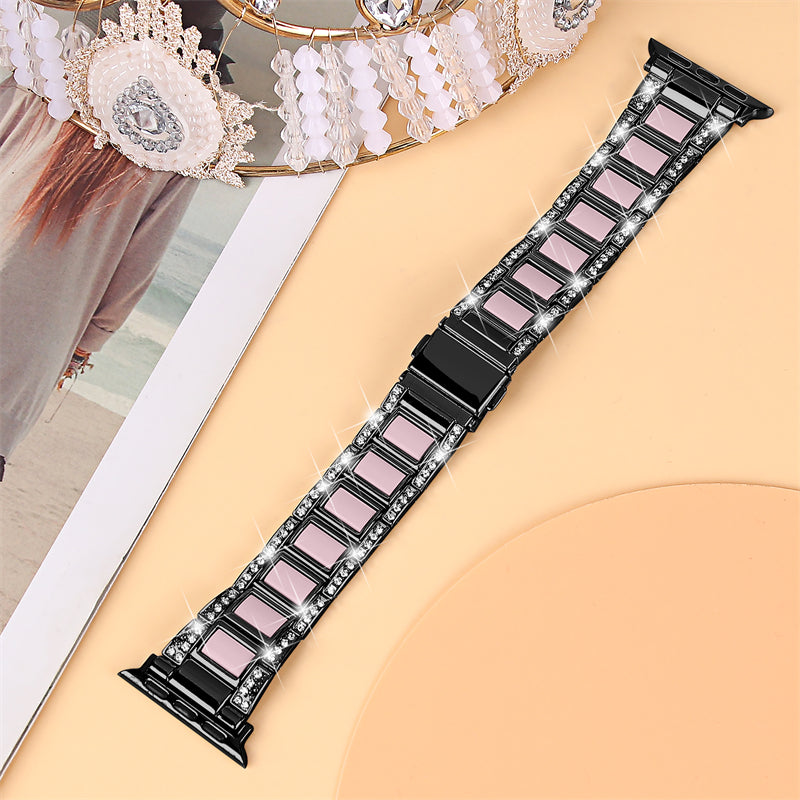 for Apple Watch Ultra 49mm / Series 8 45mm / Series 7 45mm / SE 44mm / SE (2022) 44mm / Series 6 / 5 / 4 44mm / Series 3 / 2 / 1 42mm Resin Stainless Steel Smart Watch Band Rhinestone Decor Wrist Strap - Black / Pink