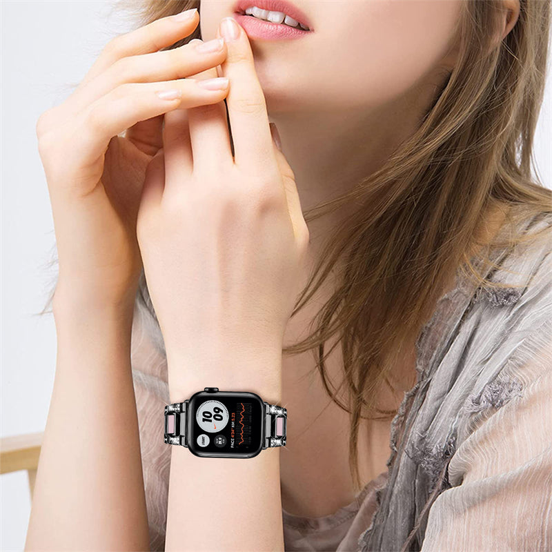 for Apple Watch Ultra 49mm / Series 8 45mm / Series 7 45mm / SE 44mm / SE (2022) 44mm / Series 6 / 5 / 4 44mm / Series 3 / 2 / 1 42mm Resin Stainless Steel Smart Watch Band Rhinestone Decor Wrist Strap - Black / Pink