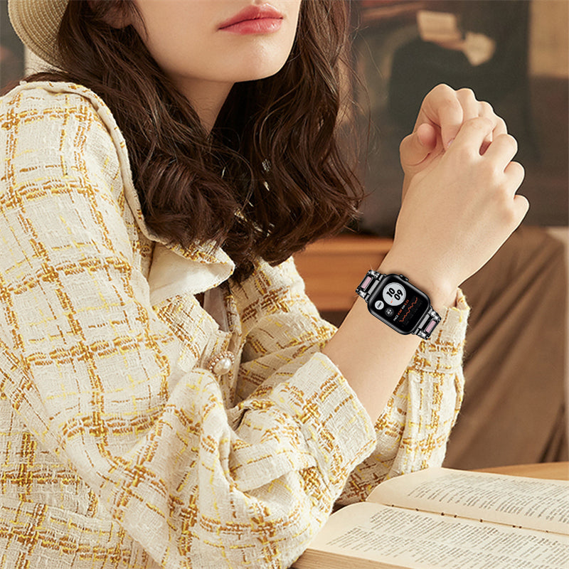 for Apple Watch Ultra 49mm / Series 8 45mm / Series 7 45mm / SE 44mm / SE (2022) 44mm / Series 6 / 5 / 4 44mm / Series 3 / 2 / 1 42mm Resin Stainless Steel Smart Watch Band Rhinestone Decor Wrist Strap - Black / Pink
