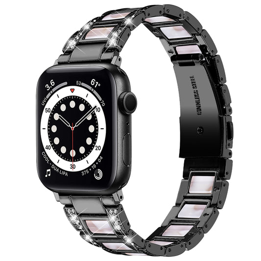 for Apple Watch Ultra 49mm / Series 8 45mm / Series 7 45mm / SE 44mm / SE (2022) 44mm / Series 6 / 5 / 4 44mm / Series 3 / 2 / 1 42mm Resin Stainless Steel Smart Watch Band Rhinestone Decor Wrist Strap - Black / Pink Mix