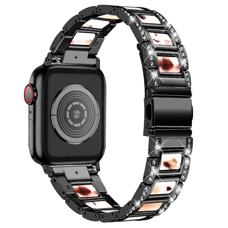 for Apple Watch Ultra 49mm / Series 8 45mm / Series 7 45mm / SE 44mm / SE (2022) 44mm / Series 6 / 5 / 4 44mm / Series 3 / 2 / 1 42mm Resin Stainless Steel Smart Watch Band Rhinestone Decor Wrist Strap - Black / Nougat Pattern