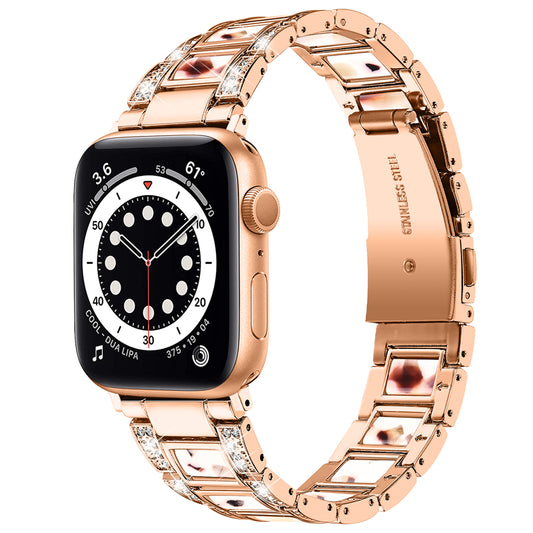for Apple Watch Ultra 49mm / Series 8 45mm / Series 7 45mm / SE 44mm / SE (2022) 44mm / Series 6 / 5 / 4 44mm / Series 3 / 2 / 1 42mm Resin Stainless Steel Smart Watch Band Rhinestone Decor Wrist Strap - Rose Gold / Nougat Pattern
