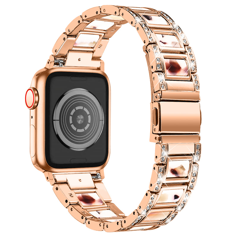 for Apple Watch Ultra 49mm / Series 8 45mm / Series 7 45mm / SE 44mm / SE (2022) 44mm / Series 6 / 5 / 4 44mm / Series 3 / 2 / 1 42mm Resin Stainless Steel Smart Watch Band Rhinestone Decor Wrist Strap - Rose Gold / Nougat Pattern