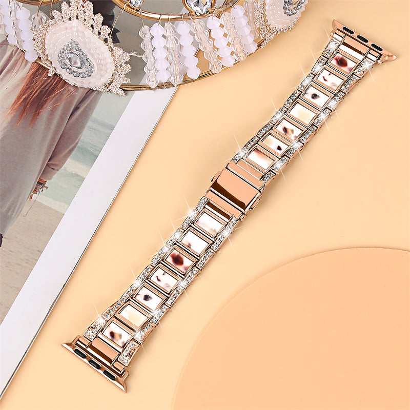 for Apple Watch Ultra 49mm / Series 8 45mm / Series 7 45mm / SE 44mm / SE (2022) 44mm / Series 6 / 5 / 4 44mm / Series 3 / 2 / 1 42mm Resin Stainless Steel Smart Watch Band Rhinestone Decor Wrist Strap - Rose Gold / Nougat Pattern