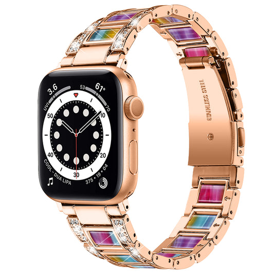 for Apple Watch Ultra 49mm / Series 8 45mm / Series 7 45mm / SE 44mm / SE (2022) 44mm / Series 6 / 5 / 4 44mm / Series 3 / 2 / 1 42mm Resin Stainless Steel Smart Watch Band Rhinestone Decor Wrist Strap - Rose Gold / Colorful
