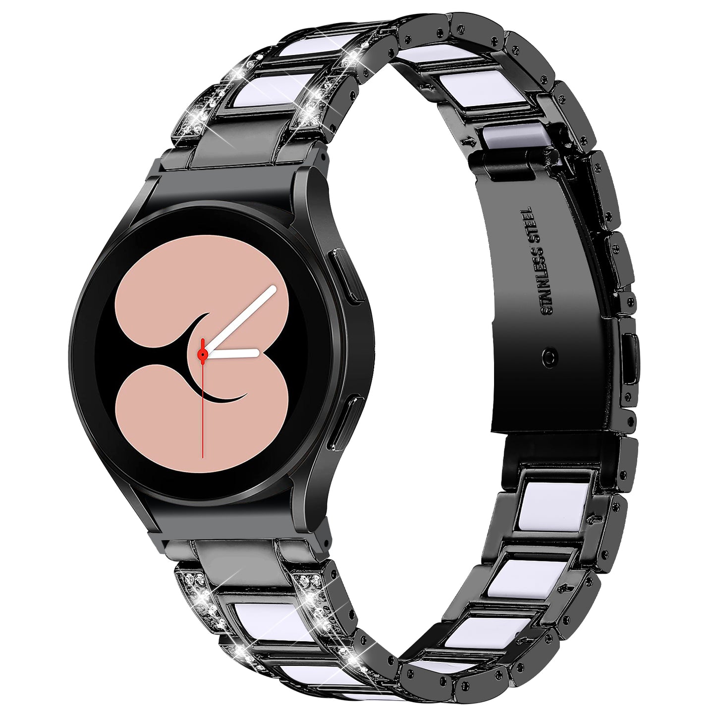 for Samsung Galaxy Watch4 Active 40mm/44mm/Watch4 Classic 42mm/46mm Rhinestone Decor Stainless Steel Resin Watch Band with Watch Strap Adapter - Black/White