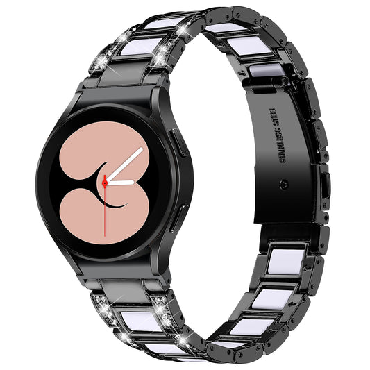 for Samsung Galaxy Watch4 Active 40mm/44mm/Watch4 Classic 42mm/46mm Rhinestone Decor Stainless Steel Resin Watch Band with Watch Strap Adapter - Black/White
