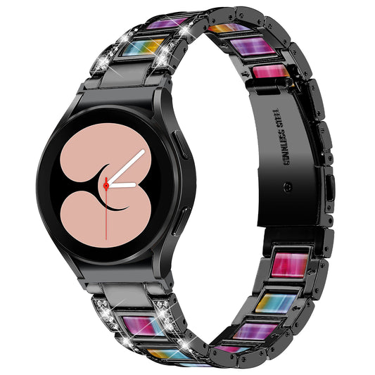 for Samsung Galaxy Watch4 Active 40mm/44mm/Watch4 Classic 42mm/46mm Rhinestone Decor Stainless Steel Resin Watch Band with Watch Strap Adapter - Black/Colorful