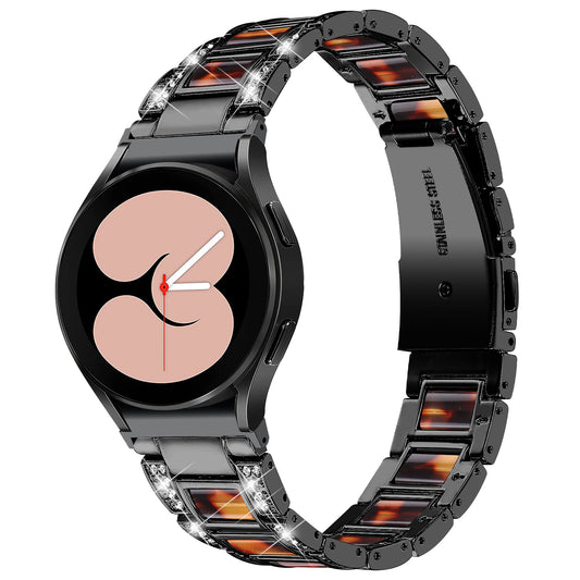 for Samsung Galaxy Watch4 Active 40mm/44mm/Watch4 Classic 42mm/46mm Rhinestone Decor Stainless Steel Resin Watch Band with Watch Strap Adapter - Black/Tortoiseshell Color
