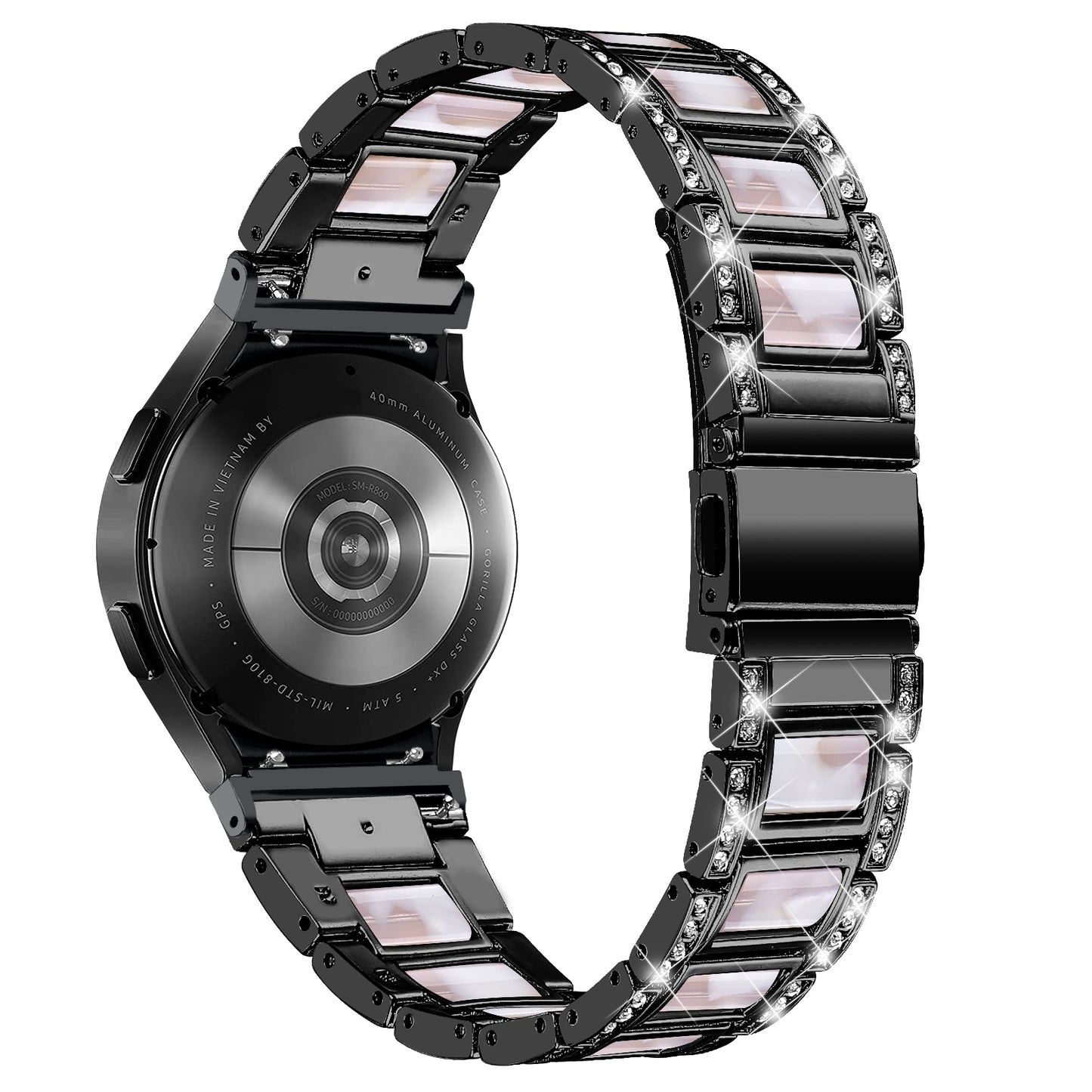 for Samsung Galaxy Watch4 Active 40mm/44mm/Watch4 Classic 42mm/46mm Rhinestone Decor Stainless Steel Resin Watch Band with Watch Strap Adapter - Black/Pink Mix