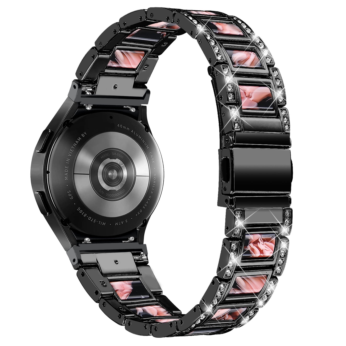 for Samsung Galaxy Watch4 Active 40mm/44mm/Watch4 Classic 42mm/46mm Rhinestone Decor Stainless Steel Resin Watch Band with Watch Strap Adapter - Black/Black Pink Mix
