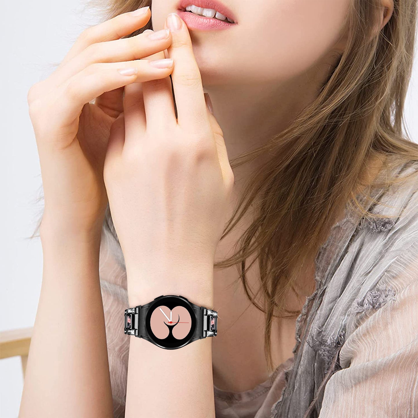 for Samsung Galaxy Watch4 Active 40mm/44mm/Watch4 Classic 42mm/46mm Rhinestone Decor Stainless Steel Resin Watch Band with Watch Strap Adapter - Black/Black Pink Mix