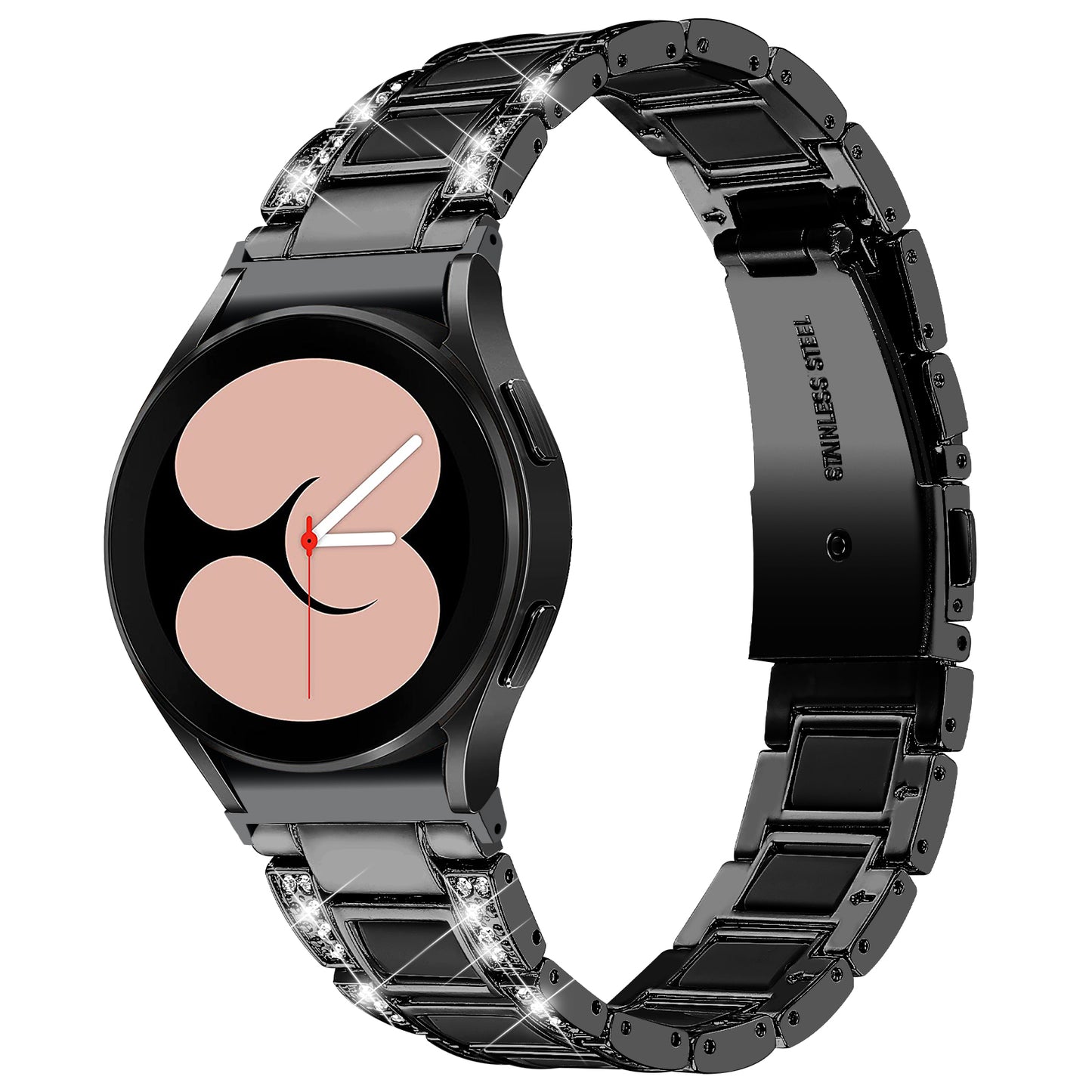for Samsung Galaxy Watch4 Active 40mm/44mm/Watch4 Classic 42mm/46mm Rhinestone Decor Stainless Steel Resin Watch Band with Watch Strap Adapter - Black/Black