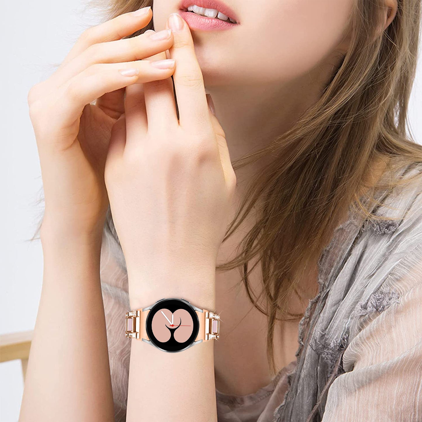 for Samsung Galaxy Watch4 Active 40mm/44mm/Watch4 Classic 42mm/46mm Rhinestone Decor Stainless Steel Resin Watch Band with Watch Strap Adapter - Rose Gold/Pink