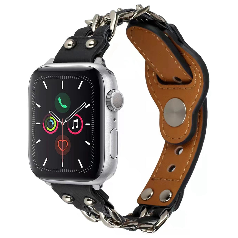 for Apple Watch Ultra 49mm / Series 8 45mm / Series 7 45mm / SE 44mm / SE (2022) 44mm / Series 4 / 5 / 6 44mm / Series 1 / 2 / 3 42mm Top Layer Cowhide Leather Metal Chain Watch Band Wrist Strap - Black