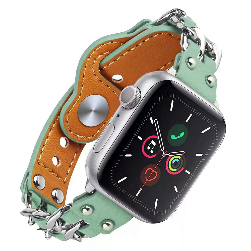 for Apple Watch Ultra 49mm / Series 8 45mm / Series 7 45mm / SE 44mm / SE (2022) 44mm / Series 4 / 5 / 6 44mm / Series 1 / 2 / 3 42mm Top Layer Cowhide Leather Metal Chain Watch Band Wrist Strap - Light Green