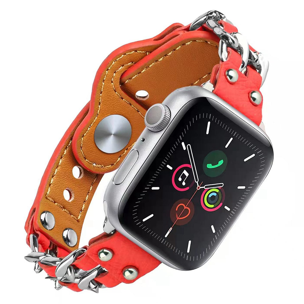 for Apple Watch Ultra 49mm / Series 8 45mm / Series 7 45mm / SE 44mm / SE (2022) 44mm / Series 4 / 5 / 6 44mm / Series 1 / 2 / 3 42mm Top Layer Cowhide Leather Metal Chain Watch Band Wrist Strap - Pink