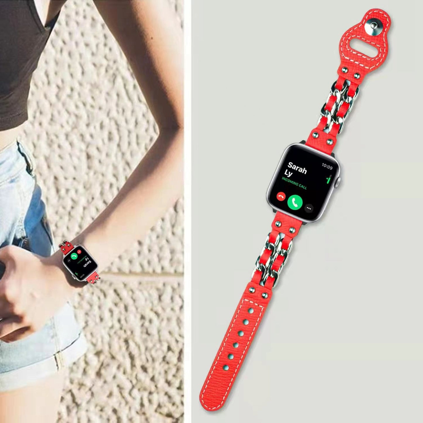 for Apple Watch Ultra 49mm / Series 8 45mm / Series 7 45mm / SE 44mm / SE (2022) 44mm / Series 4 / 5 / 6 44mm / Series 1 / 2 / 3 42mm Top Layer Cowhide Leather Metal Chain Watch Band Wrist Strap - Pink