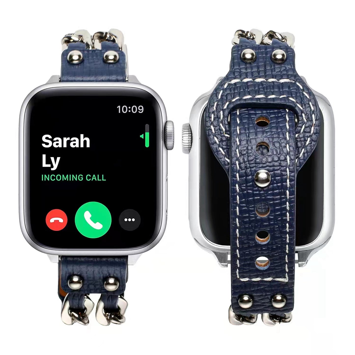 for Apple Watch Series 8 41mm / Series 7 41mm / SE / SE(2022) / Series 4 / 5 / 6 40mm / Series 1 / 2 / 3 38mm Metal Chain Watch Band Top Layer Cowhide Leather Replacement Wrist Strap - Blue