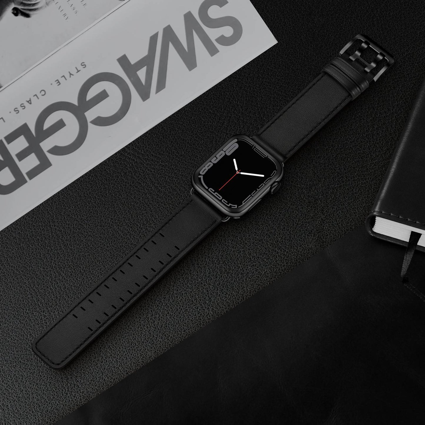 for Apple Watch Series 8 41mm / Series 7 41mm / Series 6 / 5 / 4 / SE / SE(2022) 40mm / Series 3 / 2 / 1 38mm Watch Band Genuine Leather Strap with Stainless Steel Buckle Clasp - Black
