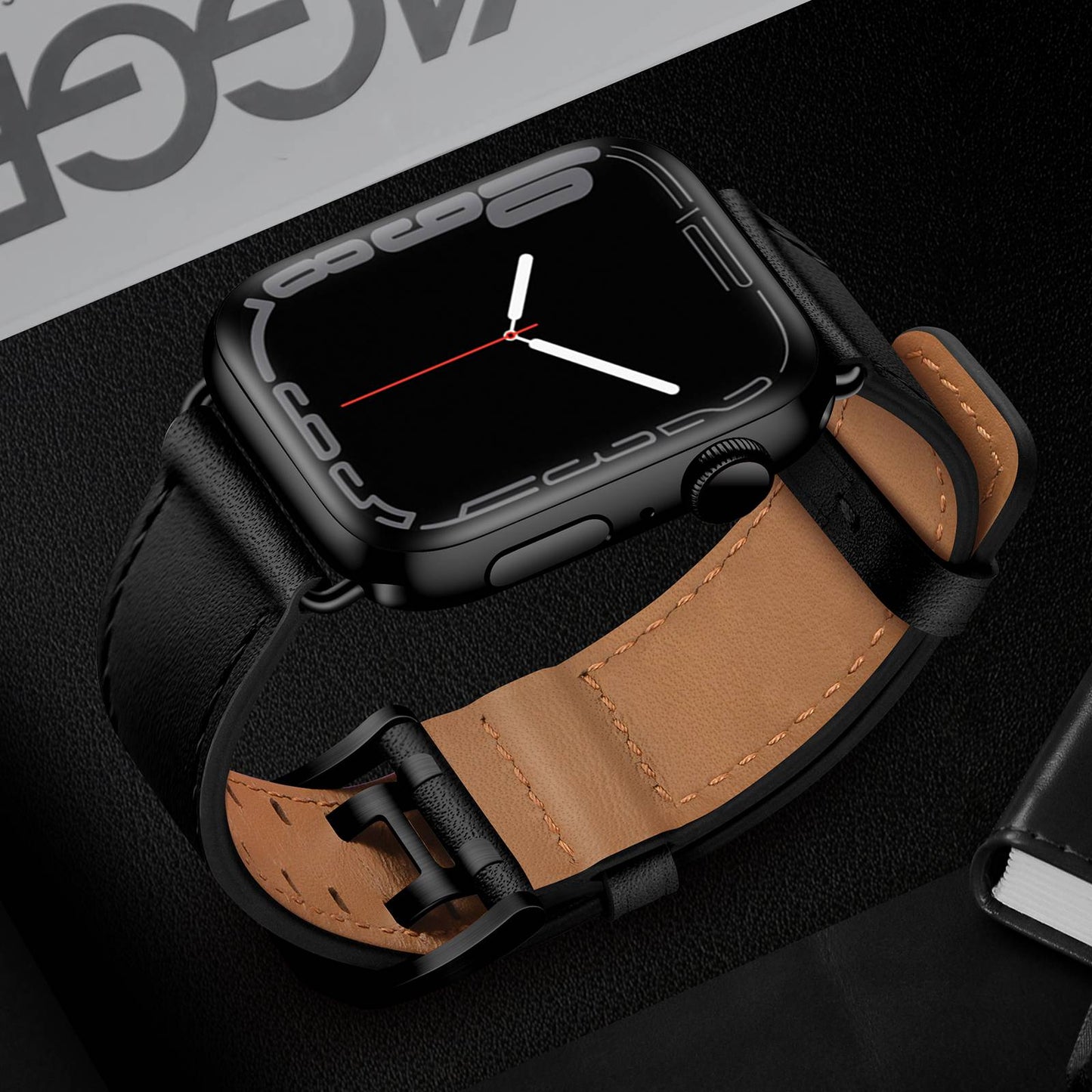 for Apple Watch Series 8 41mm / Series 7 41mm / Series 6 / 5 / 4 / SE / SE(2022) 40mm / Series 3 / 2 / 1 38mm Watch Band Genuine Leather Strap with Stainless Steel Buckle Clasp - Black