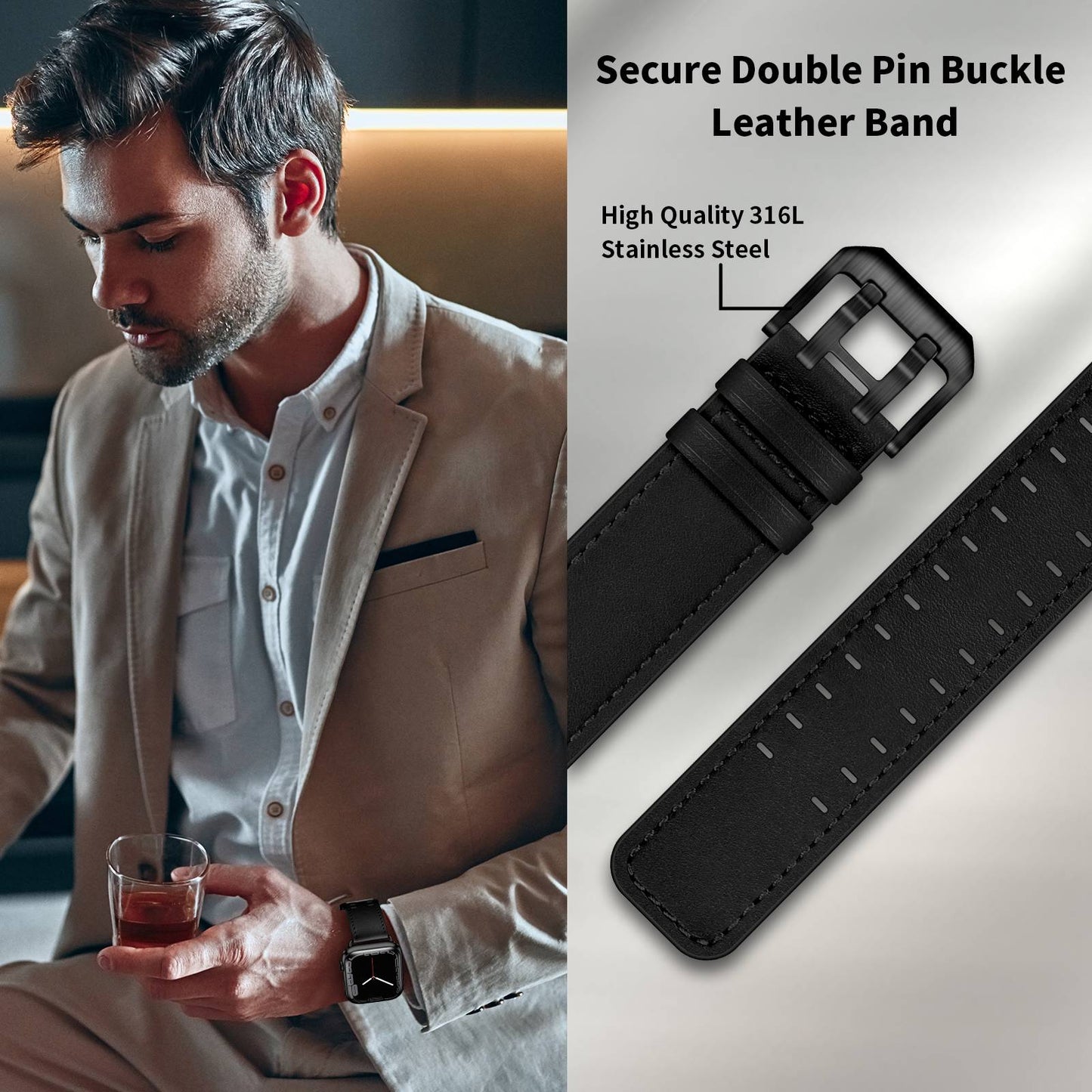 for Apple Watch Series 8 41mm / Series 7 41mm / Series 6 / 5 / 4 / SE / SE(2022) 40mm / Series 3 / 2 / 1 38mm Watch Band Genuine Leather Strap with Stainless Steel Buckle Clasp - Black