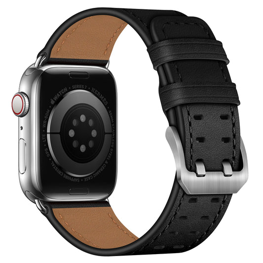 for Apple Watch Series 8 41mm / Series 7 41mm / Series 6 / 5 / 4 / SE / SE(2022) 40mm / Series 3 / 2 / 1 38mm Watch Band Genuine Leather Strap with Stainless Steel Buckle Clasp - Black / Silver Buckle