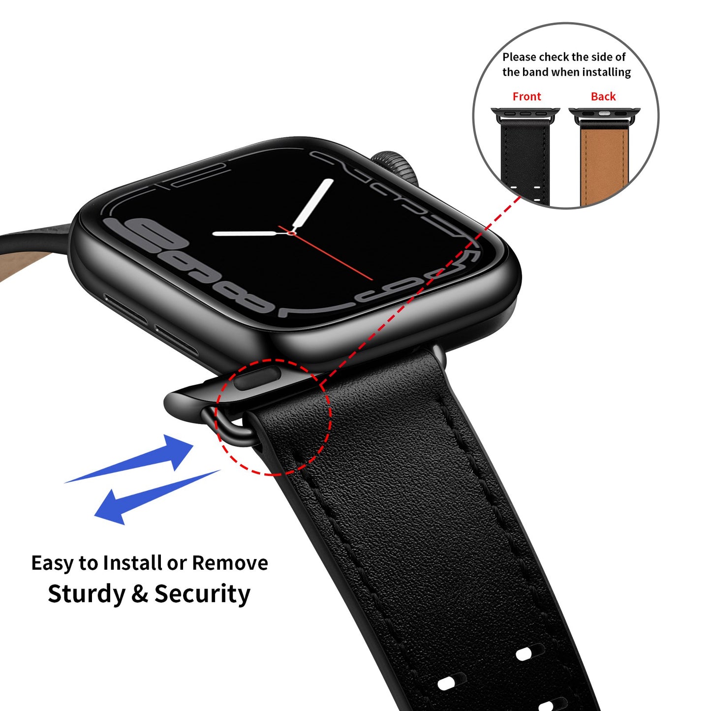 for Apple Watch Ultra 49mm / Series 8 45mm / Series 7 45mm / Series 6 / 5 / 4 / SE 44mm / SE (2022) 44mm / SE 44mm / Series 3 / 2 / 1 42mm Genuine Leather Watch Band Quick Release Strap Replacement - Black