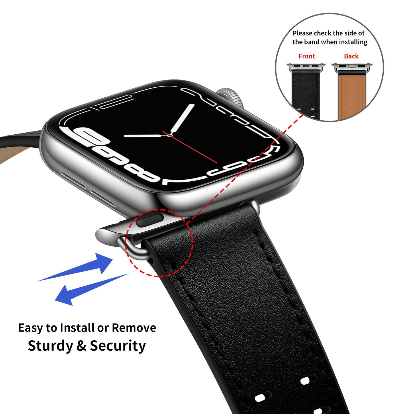 for Apple Watch Ultra 49mm / Series 8 45mm / Series 7 45mm / Series 6 / 5 / 4 / SE 44mm / SE (2022) 44mm / SE 44mm / Series 3 / 2 / 1 42mm Genuine Leather Watch Band Quick Release Strap Replacement - Black / Silver Buckle