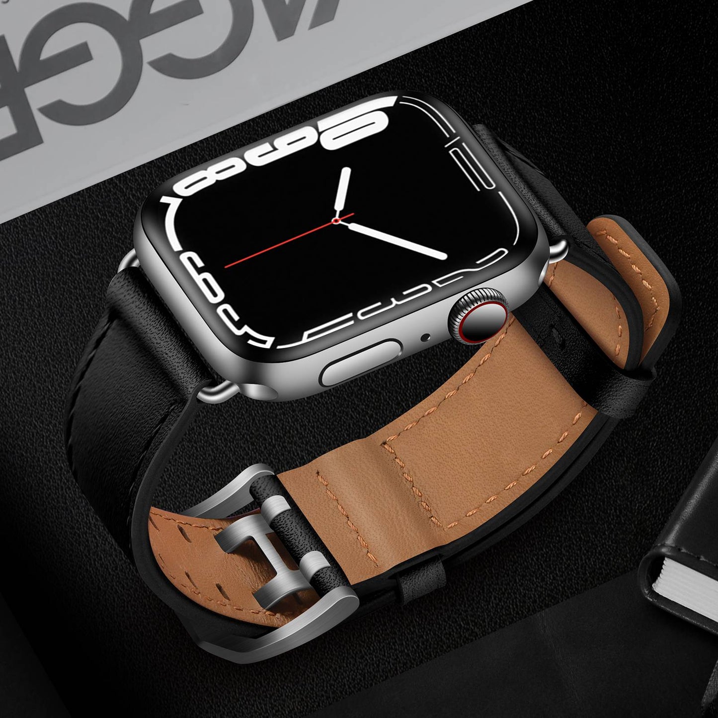 for Apple Watch Ultra 49mm / Series 8 45mm / Series 7 45mm / Series 6 / 5 / 4 / SE 44mm / SE (2022) 44mm / SE 44mm / Series 3 / 2 / 1 42mm Genuine Leather Watch Band Quick Release Strap Replacement - Black / Silver Buckle